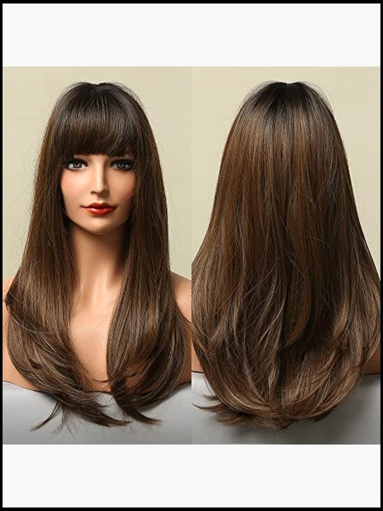 Long Straight Layered Wig with Bangs Heat Resistant Fiber Daily Natural Looking
